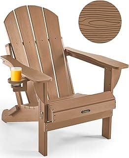Ciokea Folding Adirondack Chair Wood Texture, Patio Adirondack Chair Weather Resistant, Plastic Fire Pit Chair with Cup Holder, Lawn Chair for Outdoor Porch Garden Backyard Deck (Teak)