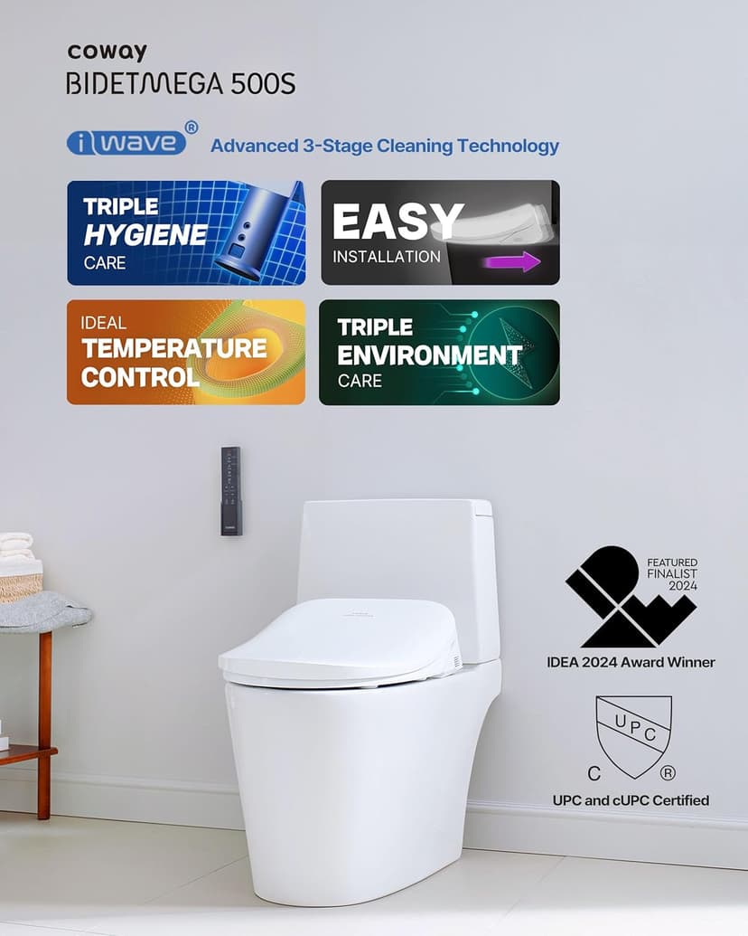Coway Electronic Bidet Elongated Toilet Seat with Instantaneous Water Heating, Heated Seat and Dryer, Auto Open and Close Lid, Night Light, Deodorizer, Stainless Nozzle, Remote Control 500S
