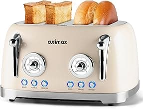 CUSIMAX Retro 4 Slice Toaster With Wide Slots for Bagels, Stainless Steel, 6 Toast Settings, Bagel, Cancel, Defrost & Reheat Functions, Dual Independent Control Panels, Cream