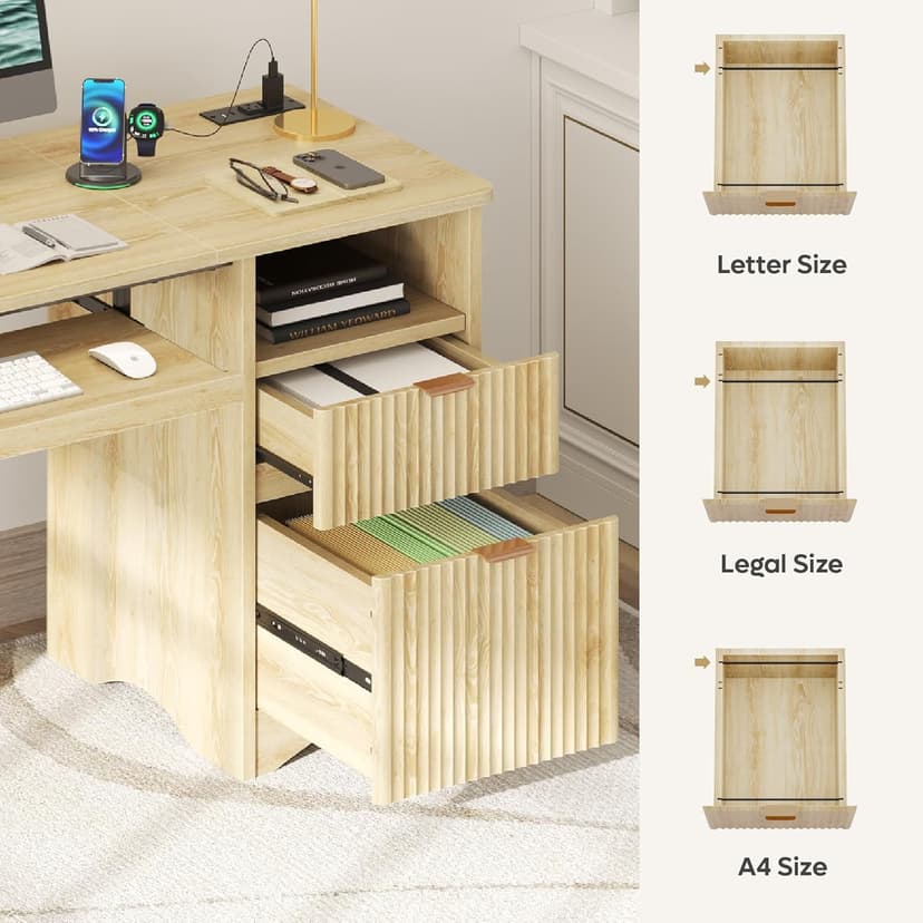 Bestier Computer Desk with Keyboard Tray, 55 inch Office Desk with Power Outlet, Modern Home Office Desk with File Drawer (Natual Oak, 55" W with Single-Sided Drawers)