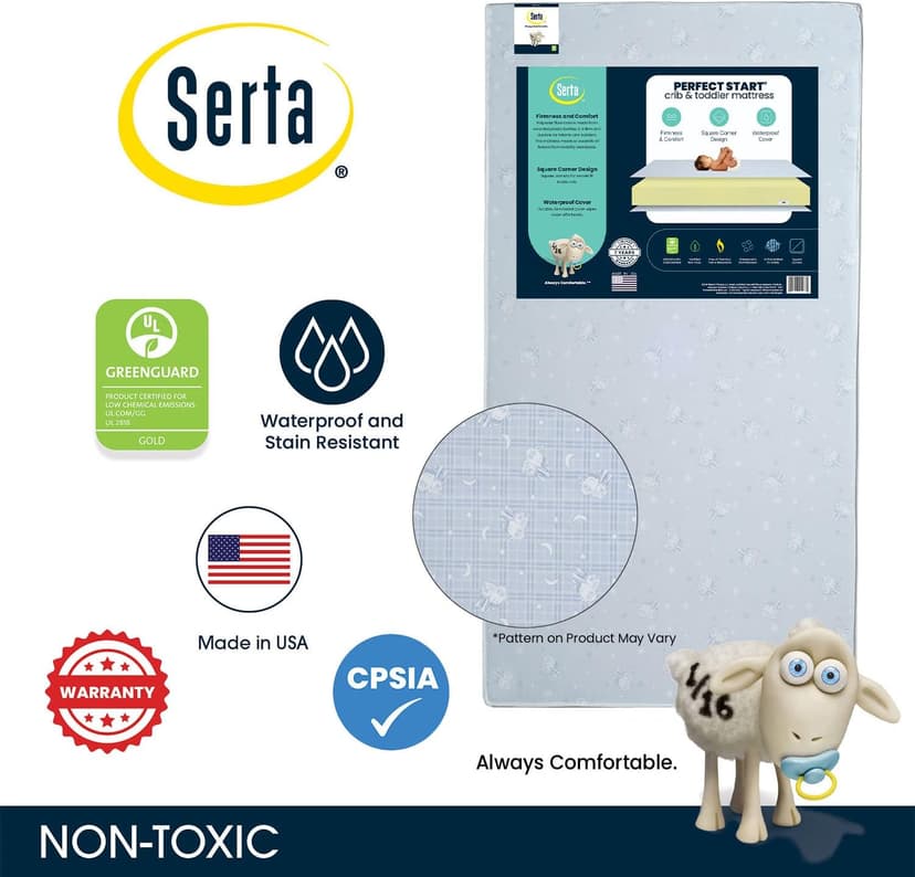 Serta Perfect Start Dual Sided Baby Crib Mattress & Toddler Mattress - Waterproof - 6" Premium Sustainably Sourced Fiber Core - GREENGUARD Gold Certified – 7 Year Warranty - Made in USA
