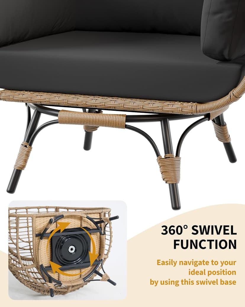 360°Oversize Swivel Egg Chair Outdoor, Heavy-Duty Steel Wicker Egg-Shaped Chair w/4 Cushions, Patio Rotating Rattan Egg Basket Lounge Seat for Patio, Porch, Backyard, Living Room, Black