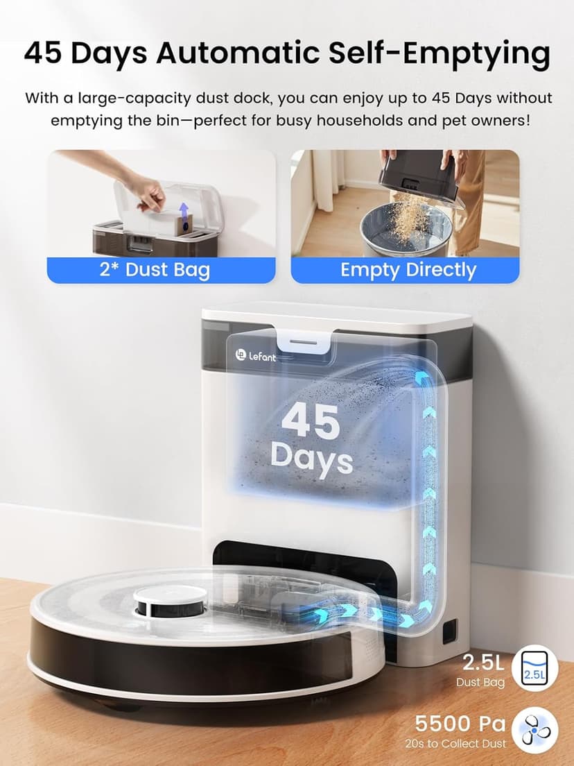 Lefant LiDAR Robot Vacuum and Mop, 45-Day Self-Emptying, 190° PSD Obstacle Avoidance, Customized Cleaning, Multi-Floor Mapping, 5500Pa Strong Suction, 140 Min Runtime, WiFi/Alexa/APP, M2 Pro