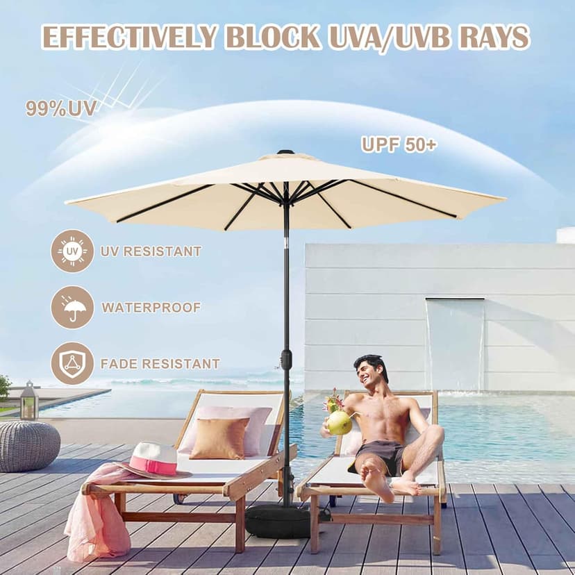 Sundale Outdoor 9FT Patio Umbrella with Sand Bag Umbrella Base, Outdoor Umbrella with Tilt and Crank, Beige