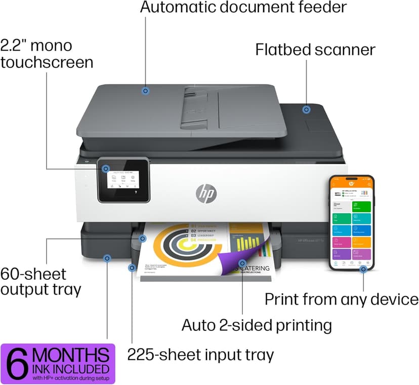 HP OfficeJet 8015e Wireless Color All-in-One Printer, 6 month Instant Ink trial included