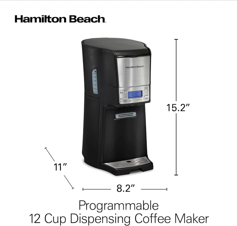 Hamilton Beach One Press Programmable Dispensing Drip Coffee Maker with 12 Cup Internal Brew Pot, Water Reservoir, Black with Chrome (48464)