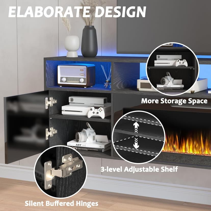 PUKAMI 70" Floating TV Stand with 36" Electric Fireplace,Wall Mounted Fireplace Entertainment Center with LED Lights and Highlight Storage Cabinet for TVs up to 80", for Living Room (Black)