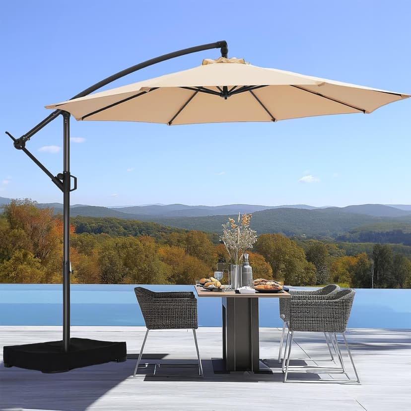 10ft Offset Patio Umbrella with Base Included, Cantilever Offset Hanging Patio Outdoor Market Umbrella UPF50+ UV Protection with Easy Tilt and Crank for Pool Deck and Garden