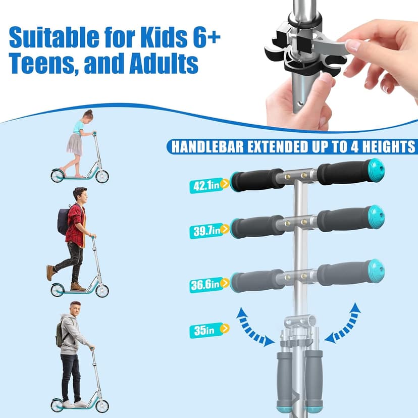Scooter for Kids 6-12 & Adults | Adjustable Height, Foldable, Lightweight Aluminum Frame | Holds Up to 220lbs | Smooth Ride on Any Terrain