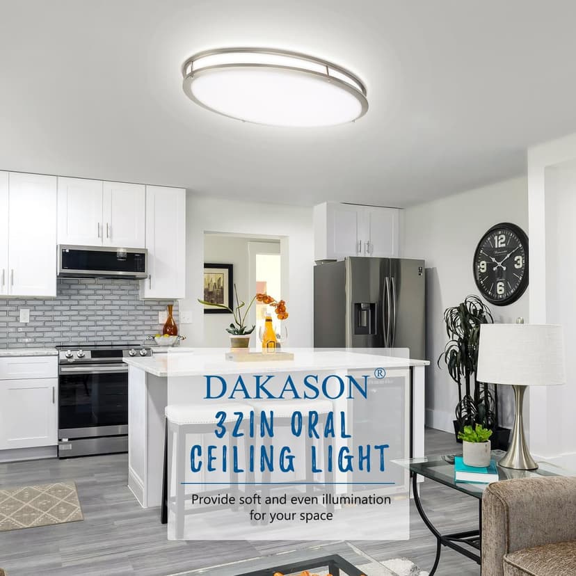 DAKASON 32In Oval LED Flush Mount Light for Kitchen/Living Room, 50W Large LED Ceiling Light Fixture, 3500K/4000K/5000K Adjustable, Dimmable for Dining Room/Bedroom