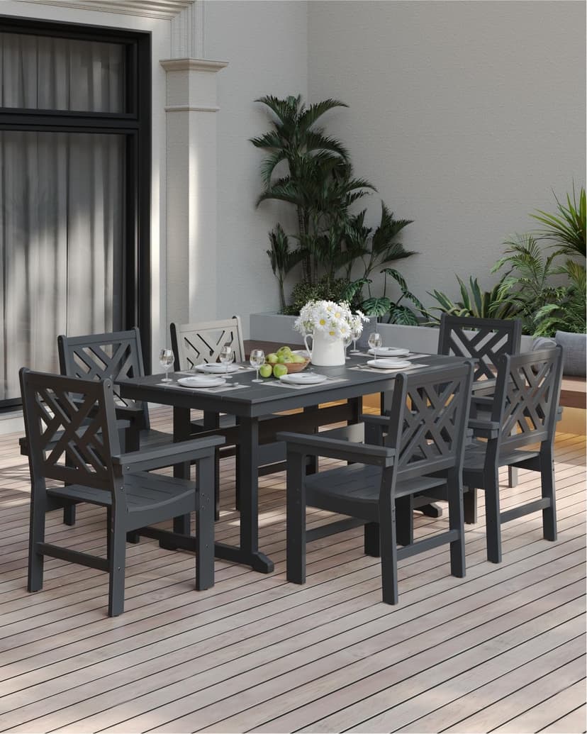 7-Piece Outdoor Dining Set, HDPE All-Weather Patio Table and Chairs Set for 6, Outdoor Patio Furniture Sets with Umbrella Hole for Outside, Deck, Backyard, Garden (Black)