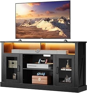 WLIVE Farmhouse TV Stand for 65 Inch TV, Tall Entertainment Center with LED Lights, Mid Century Modern TV Console with Open Shelves and Glass Cabinet Doors for Living Room and Bedroom, Black