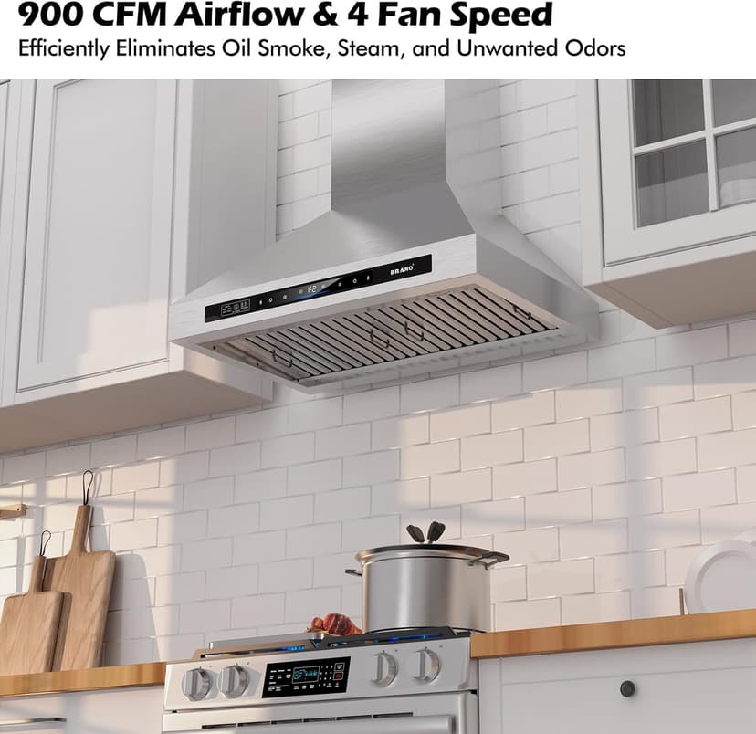 Wall Mount Range Hood 30 inch，900 CFM Kitchen Hood with Voice/Gesture/Touch Control，Vent Hood in Stainless Steel With Ducted/Ductless Convertible, 4 Speed Exhaust Fan