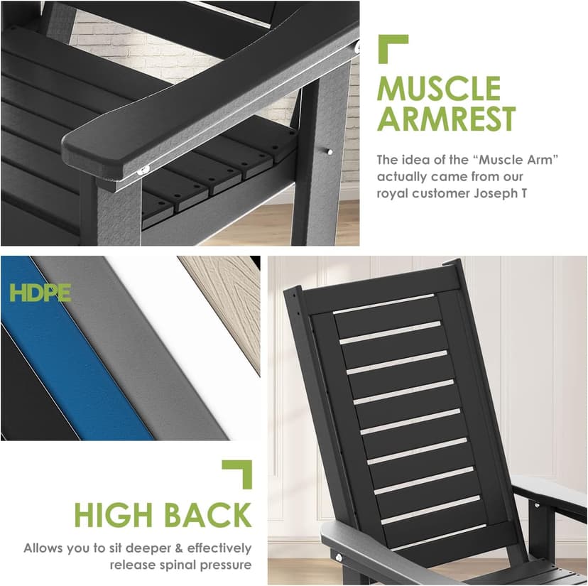 GREENVINES Outdoor Rocking Chairs | Set of 2 | Porch Rocker | HDPE Plastic | Black | Oversized Rockers | High Back | Big & Tall | Ladder Back | for Patio Outside Backyard Balcony