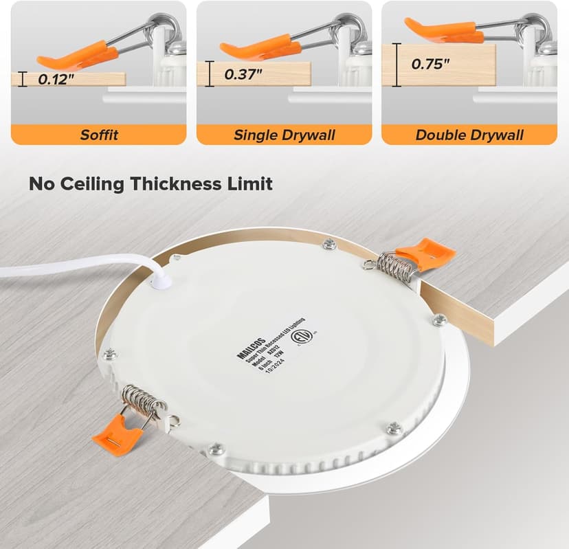 MAILCOS 12 Pack 6 Inch 5CCT Ultra-Thin LED Recessed Ceiling Light with Junction Box, 2700K-5000K Selectable, 1050LM High Brightness, Dimmable Canless Wafer Downlight, 12W 120V, ETL