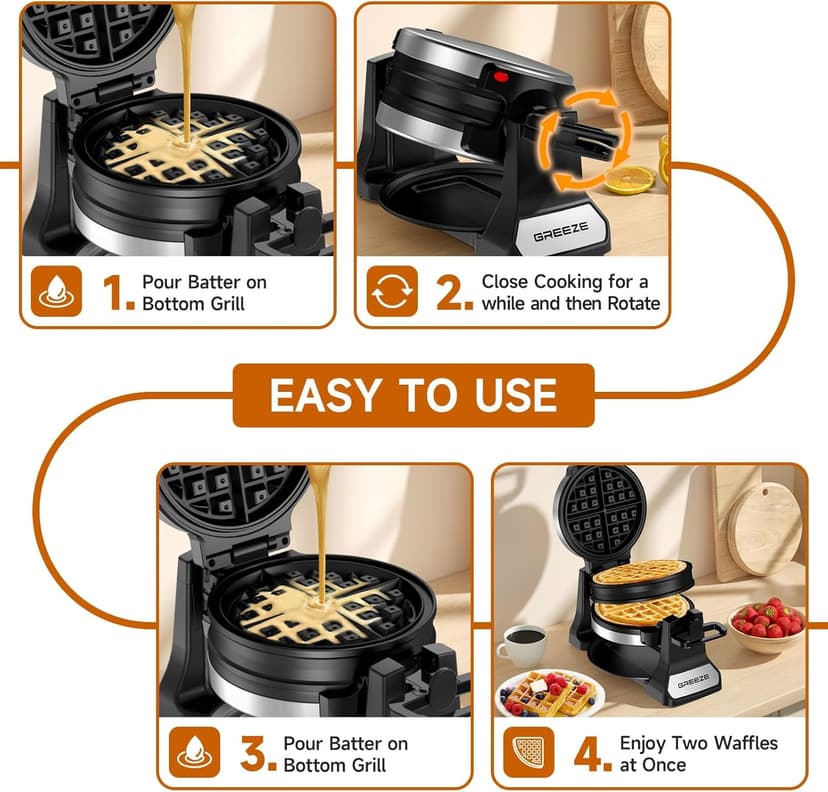 Waffle Maker, Double Belgian Waffle Maker 180°Flip, 1400W Waffle Iron 8 Slices, Rotating & Nonstick Plates with Removable Drip Tray for Easy Clean, Stainless Steel, Locking Buckle & Cool Touch Handle
