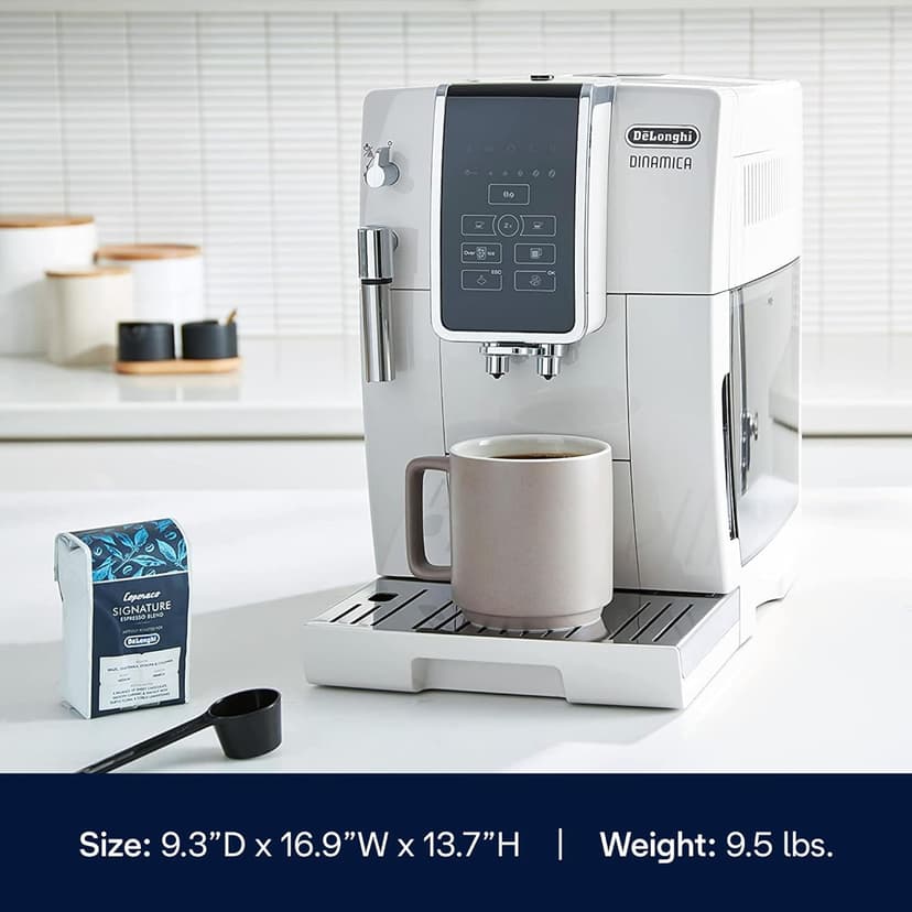 De'Longhi Dinamica Espresso Machine, White - Automatic Bean-to-Cup Brewing, Built-In Steel Burr Grinder & Manual Frother - One-Touch Hot & Iced Coffee - Easy Cleanup