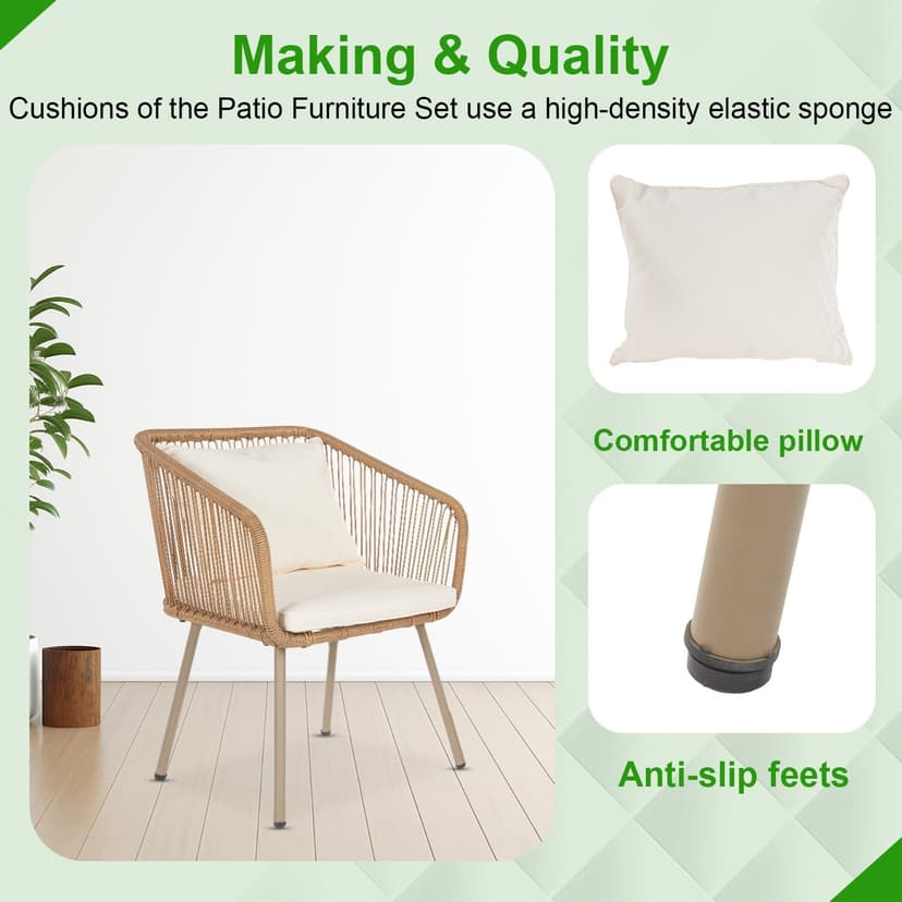FDW 3-Piece Outdoor Furniture Modern Patio Bistro Set Rattan Conversation Set Wicker Patio Furniture Set with 2 Chairs Coffee Table Cushions Lumbar Pillows for Patio Outdoor Backyard Porch, White