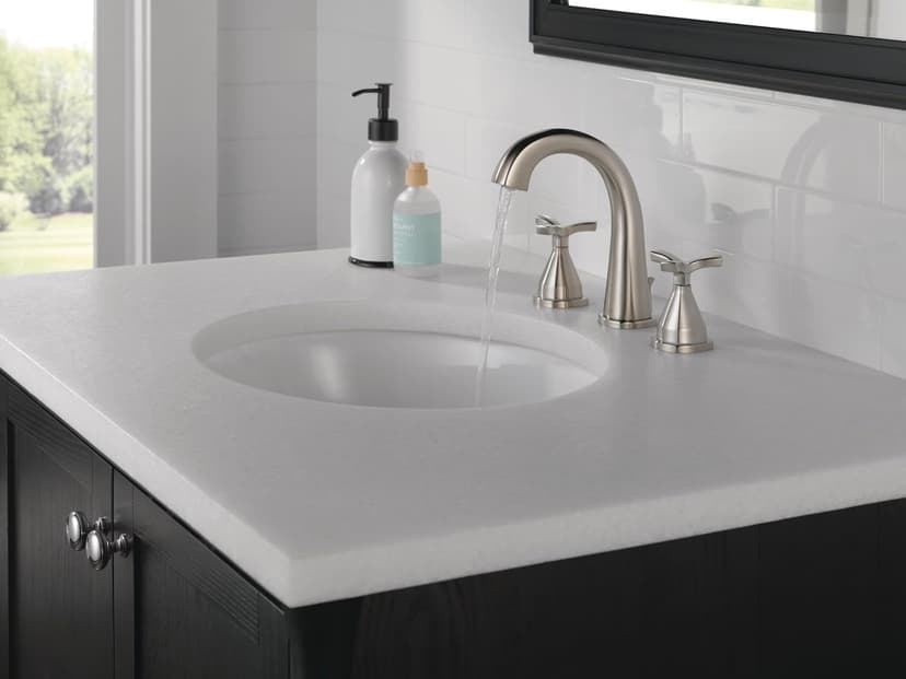 Delta Faucet Stryke Widespread Bathroom Faucet 3 Hole, Brushed Nickel Bathroom Sink Faucet, 2 Handle Bathroom Faucet, Bath Faucet, Metal Pop-Up Drain Assembly, Lumicoat Stainless 35775-SS-PR-MPU-DST