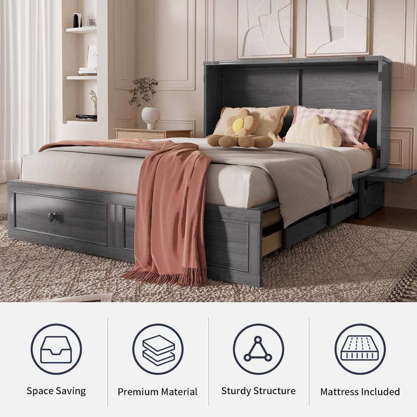 ijuicy Murphy Bed Queen with Foam Mattress, Convenient Murphy Bed Cabinet with Charging Station & Storage Board, Bed That Folds into Cabinet with Large Storage Drawer for Bedroom,Guest Room(Grey)