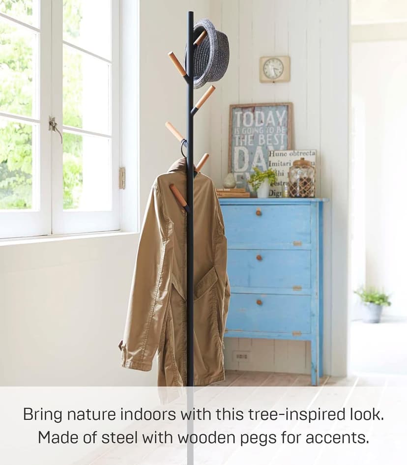 Yamazaki Home Plain Freestanding Coat Hanger Rack With Wooden Hooks, Space Saving, 70" - Steel