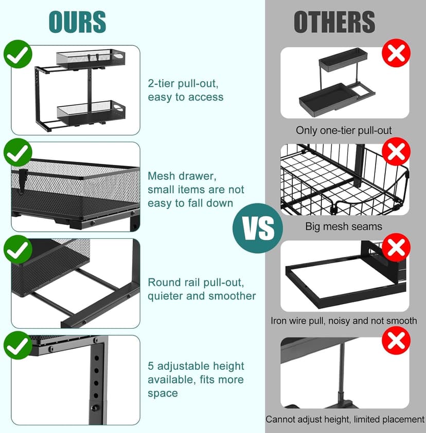 2 Pack Under Sink Organizer, 2 Tier Metal Pull Out Under Sink Storage with Sliding Mesh Drawers, Height Adjustable Slide Out Under Sink Organizer for Kitchen Bathroom Cabinet, Black