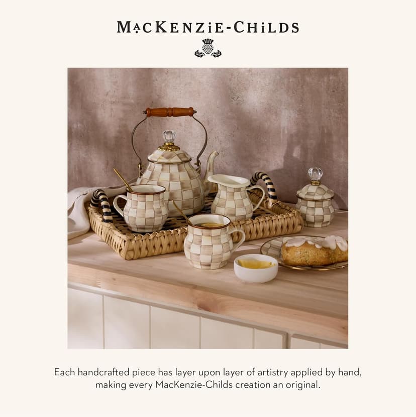 MACKENZIE-CHILDS Enamel Whistling Tea Kettle, Decorative Teapot for Stovetop, Brown-and-White Mocha Check