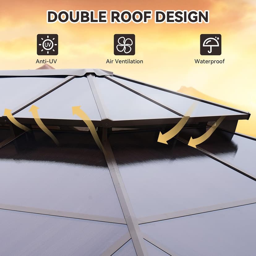 Aoxun 12'x16' Hardtop Gazebo, Aluminum Frame Permanent Pavilion with Netting and Curtains, Outdoor Polycarbonate Double Roof Canopy, Designed for Lawn, Garden, Patio (Brown)