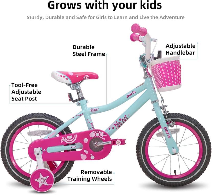 JOYSTAR Paris Girls Bike for Ages 3-8 Years Old, 14 16 18 Inch Kids Bike with Training Wheels, Basket and Handbrake, Multiple Colors