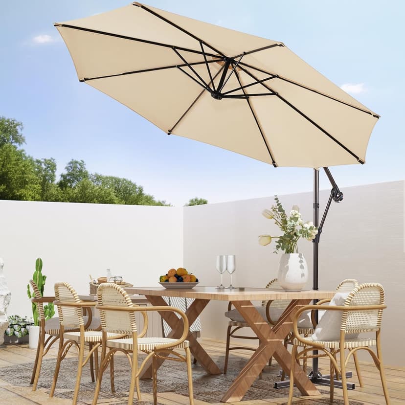 wikiwiki 10ft Patio Umbrellas Offset Outdoor Cantilever Hanging Umbrella w/Infinite Tilt, Fade Resistant Waterproof Recycled Fabric Canopy for Yard, Garden & Deck, Beige