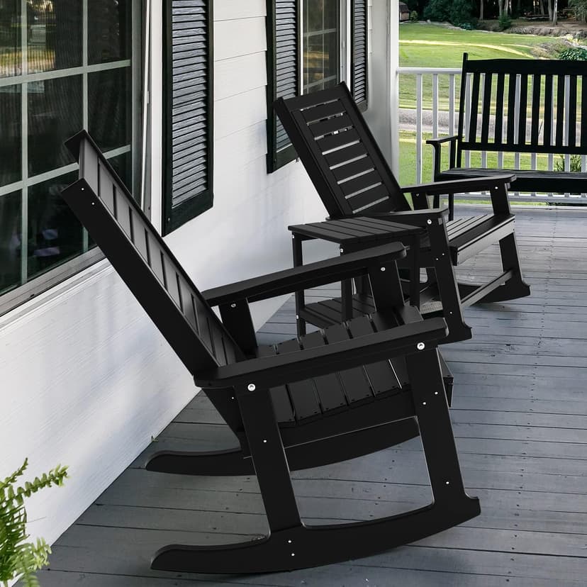GREENVINES Outdoor Rocking Chairs | Set of 2 | Porch Rocker | HDPE Plastic | Black | Oversized Rockers | High Back | Big & Tall | Ladder Back | for Patio Outside Backyard Balcony