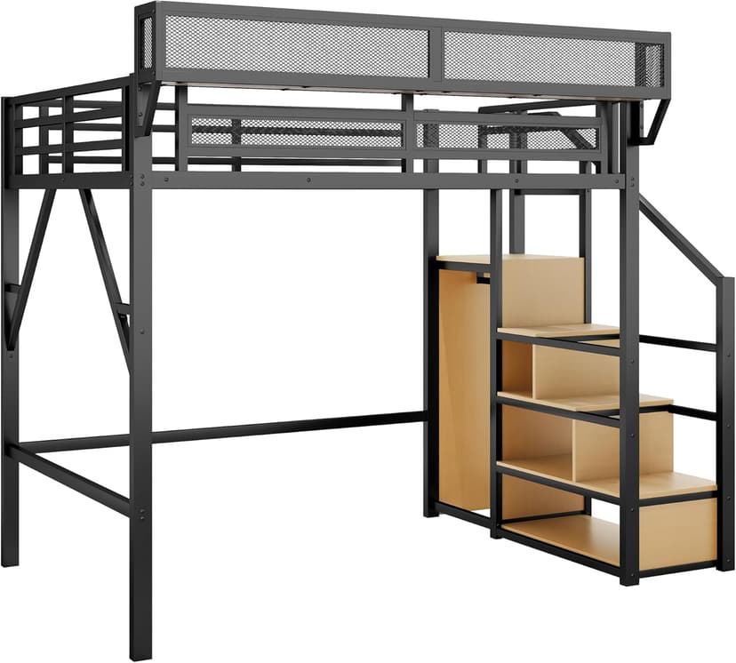 Full Size Loft Bed with Stairs and Storage, Metal Loft Bed Frame with Bedside Shelf and Large Under-Bed Space, Heavy-Duty Bed for Adults Teens and Kids, Black