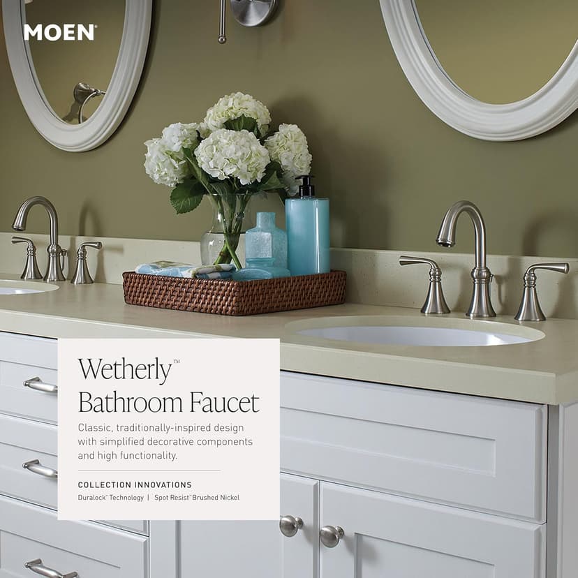 Moen Wetherly Spot Resist Brushed Nickel Two-Handle Widespread Bathroom Faucet with Valve Included, Bathroom Faucets for Sink 3-hole Deck Mounted Setup, WS84855SRN