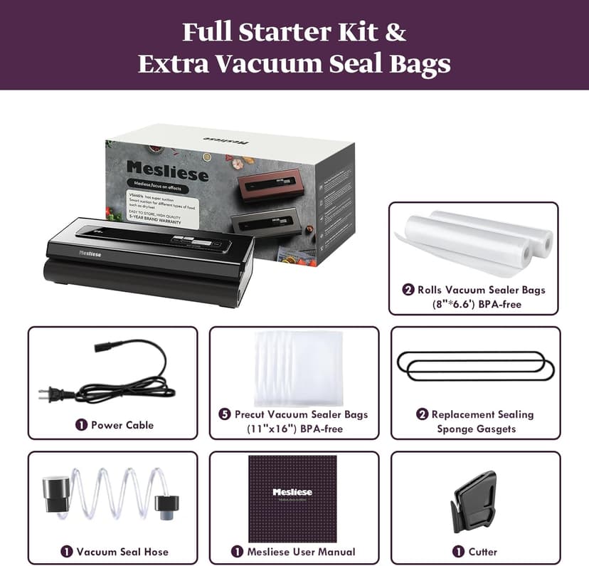 Vacuum Sealer Machine 90Kpa 6-in-1 Compact Food Vacuum Sealing Preservation System with Cutter | 2 Bag Rolls | 5 Pre-cut Bags | Dry&Moist Modes | ETL Listed (Gray)