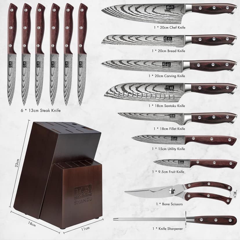 SHAN ZU Knife Set 16 pcs, Japanese Kitchen Knife with Block High Carbon Stainless Steel Ultra Sharp Knife for Kitchen, Professional Chef Knife Set with Sharpener