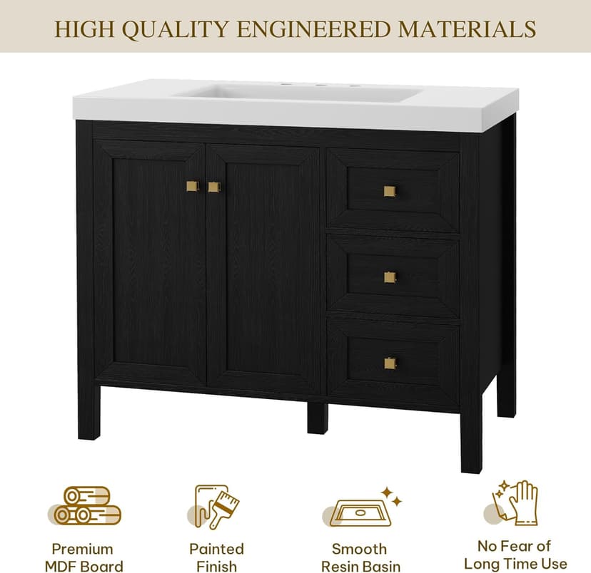 DWVO 42 Inch Bathroom Vanity with Sink Combo, Modern Bathroom Storage Cabinet with Resin Basin, Three Holes, 2 Doors & 3 Drawers, Black