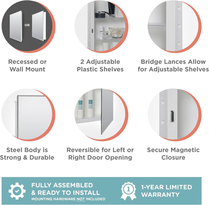 Zenna Home Bathroom Medicine Cabinet with Mirror, Frameless Bathroom Wall Cabinet with 2 Adjustable Shelves, Steel Body, Recessed Installation, 16 x 26 Inches