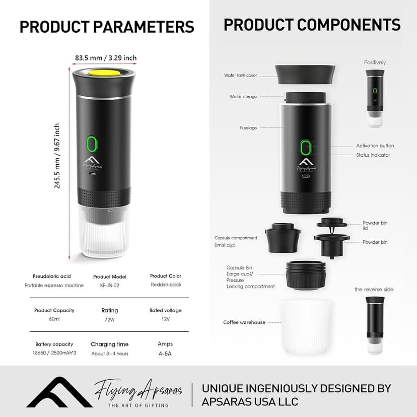 APSARAS USA Portable Coffee Maker for Travel, Portable Espresso Maker, 20 bar Mini Espresso Machine, 3in1 Travel Coffee Maker with Ground Coffee & Capsule(Ns&DG) for RV, Camping, Car