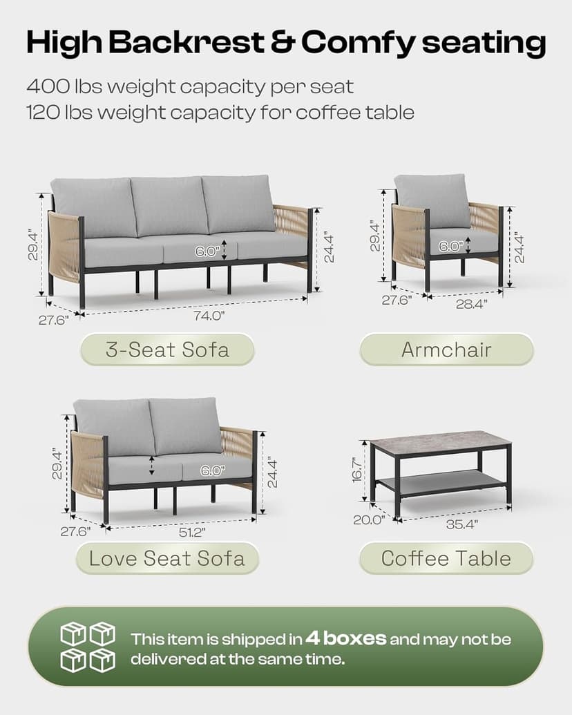 Aluminum Outdoor Patio Furniture Set, HDPE Rope 5 Piece Modern Sectional Conversation Sets with Dual-Layer Coffee Table, All Weather Patio Couch Sofa with Thick Cushions, Gray Frame, Gray