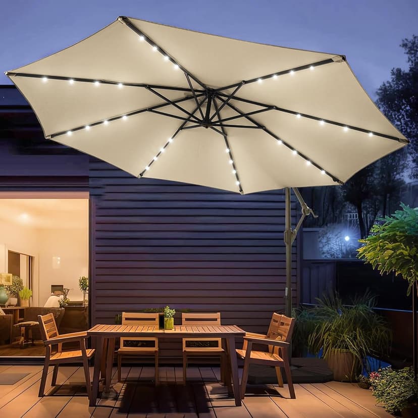 wikiwiki 10FT Solar Patio Offset Umbrella with Base Included, Outdoor Cantilever Umbrella Hanging Umbrellas with Weighted Sandbag Base, Market Patio Umbrella for Backyard, Garden & Deck, Beige