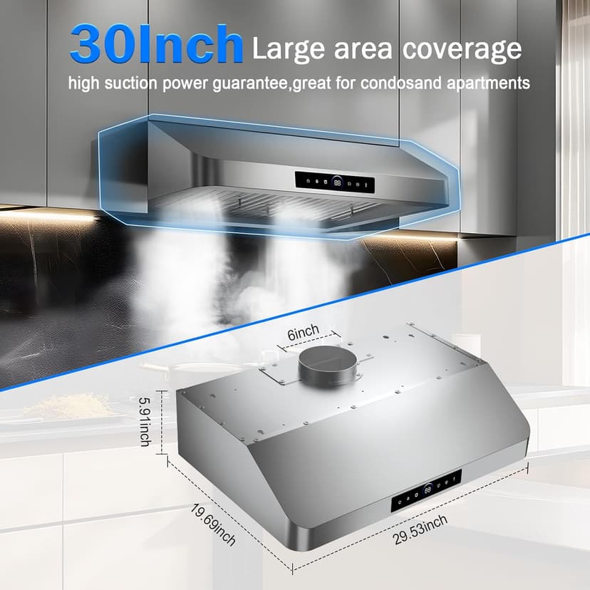 30 Inch Under Cabinet Range Hood with 1200CFM Powerful Suction,Stainless Steel Ducted Vent Hood with 4 Speeds,Smart Touch Panel, 3W LED Lights, Quiet Kitchen Exhaust Hood,18B-E30
