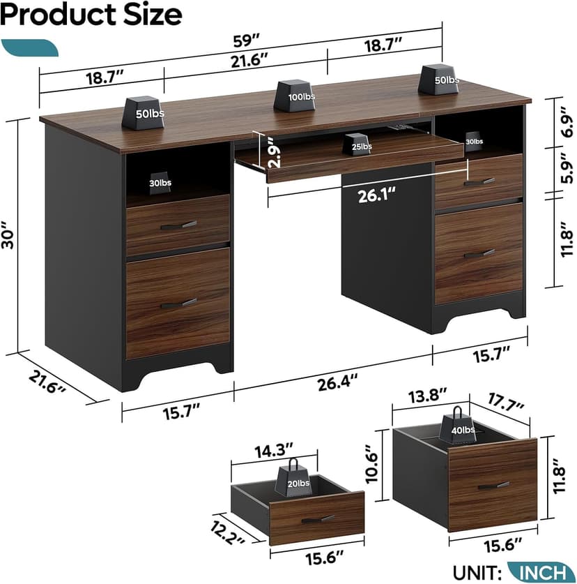 Bestier 59” Computer Desk with 4 Drawers, Office Desk with Storage, Industrial Executive Desk with File Drawer, Keyboard Tray & 2 Pedestals for Home Office & Studio, Cherry
