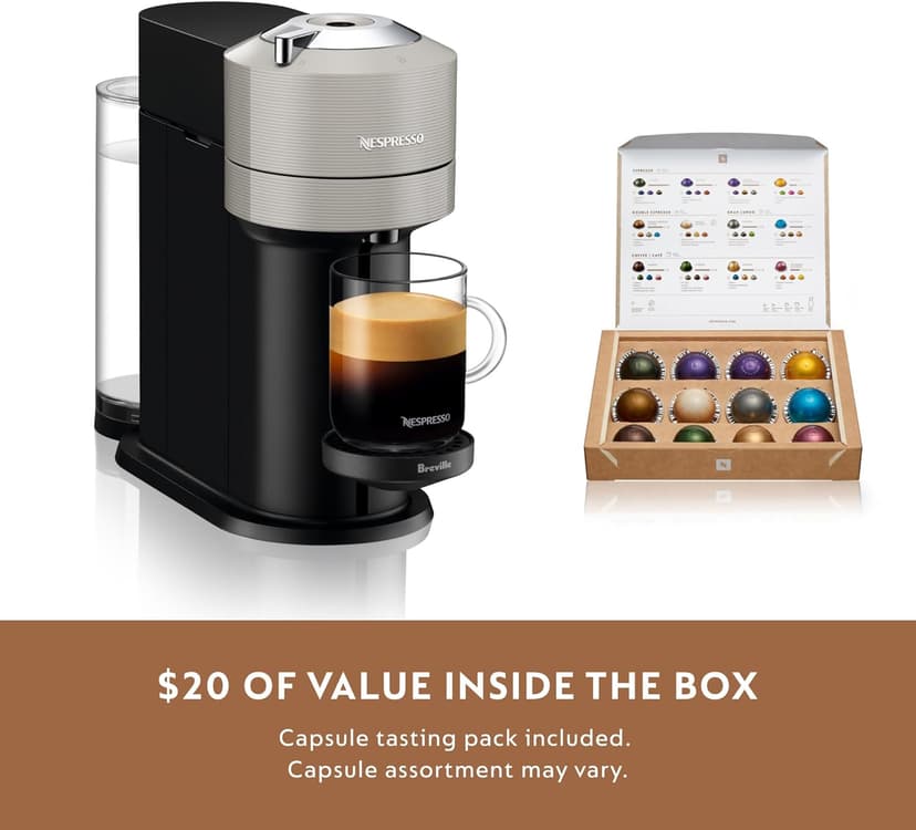 Nespresso Vertuo Next Coffee and Espresso Maker by Breville, with Aeroccino Milk Frother, Light Grey