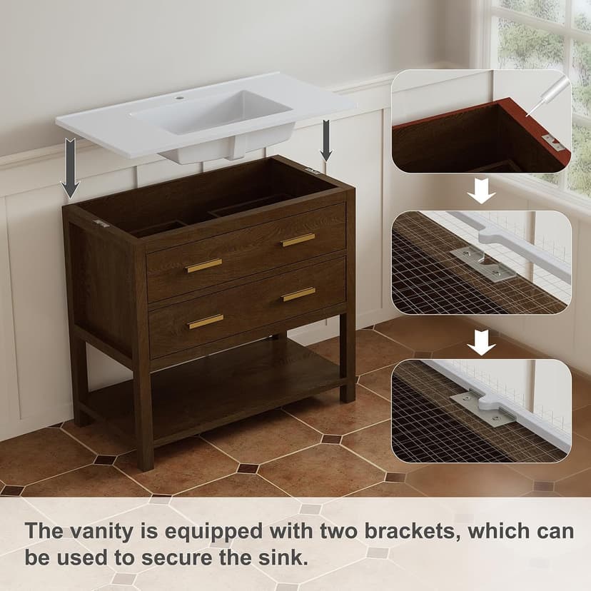 36 Inch Bathroom Vanity with Sink, Farmhouse Storage Cabinet with Drawers & Open Storage Shelf, Easy Assembly, Adjustable Feet, Walnut