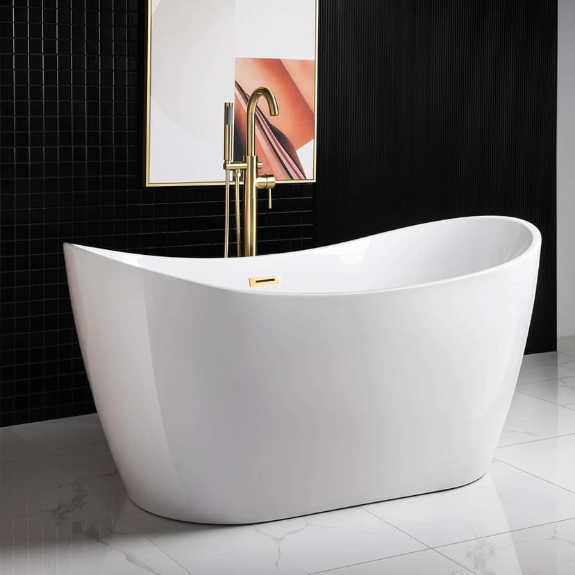 WOODBRIDGE 59" Acrylic Freestanding Bathtub Contemporary Soaking White Tub with Brushed Gold Overflow and Drain，BTA1516-BG-Drain-&O