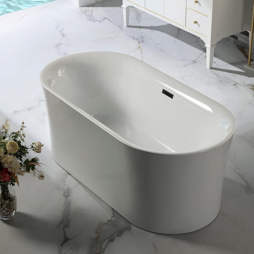 WOODBRIDGE 59" Acrylic Freestanding Bathtub Contemporary Soaking Tub with Matte Black Overflow and Drain,White Tub,B0058-MB