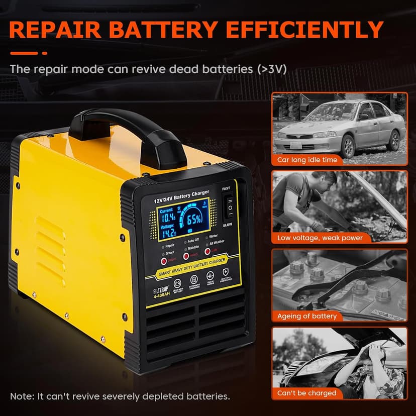 12V 24V Lead-Acid Battery Charger Heavy Duty, 0-15A Smart Automatic Battery Maintainer, Trickle Charger with Repair, Auto Off, Winter Summer Mode, for Car Truck Boat Motorcycle RV Lawn Mower (Yellow)