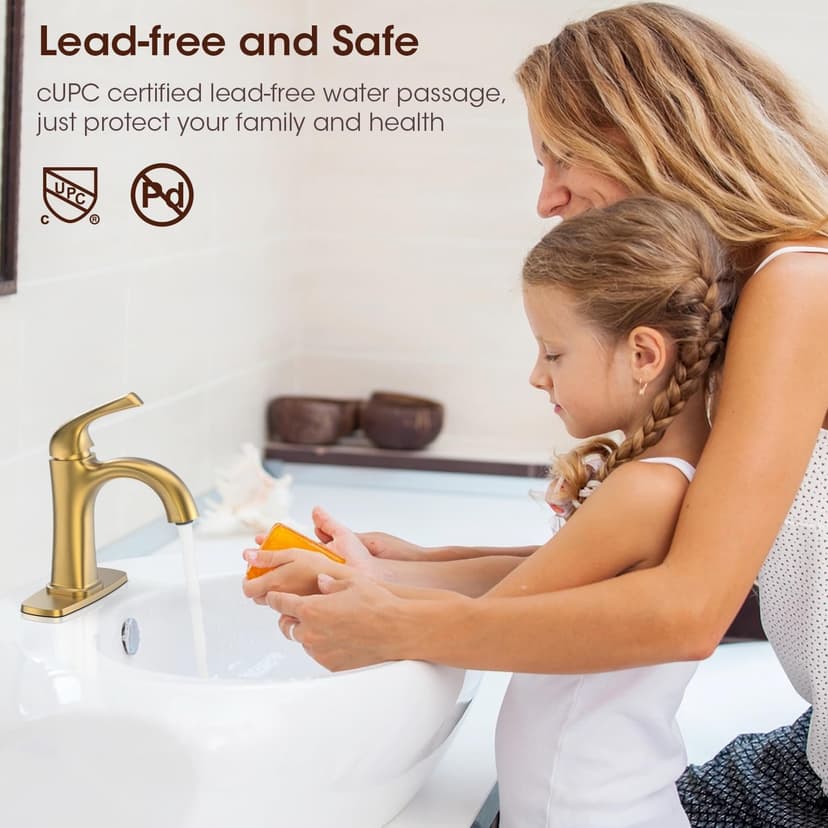 Brushed Gold Single Hole Bathroom Faucets, Single Handle Brass Bathroom Sink Faucet for 1 or 3 Holes, Vanity Faucet with Pop Up Drain and Supply Lines, Deck Plate