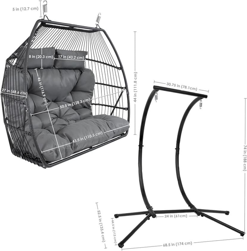 Sunnydaze Andrei Double Hanging Egg Chair with Stand - 2-Person Outdoor Egg Chair - Includes Steel Stand and Cushion - Dark Gray