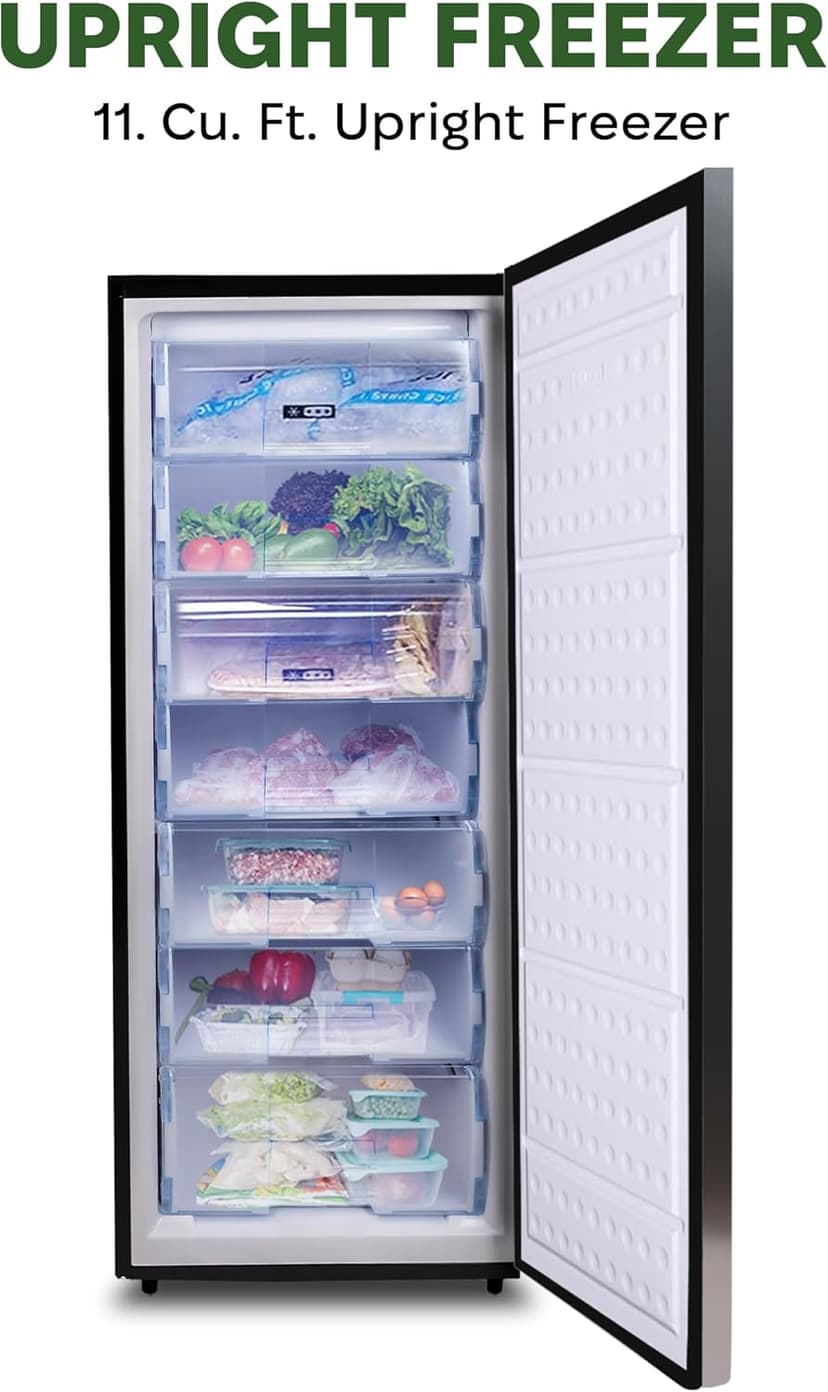 Hamilton Beach Upright Freezer, Deep Freeze, Stainless Steel Freezer with Drawer Compartments, 11 cu. ft. Freezer – 25”D x 23.6”W x 66.5”H